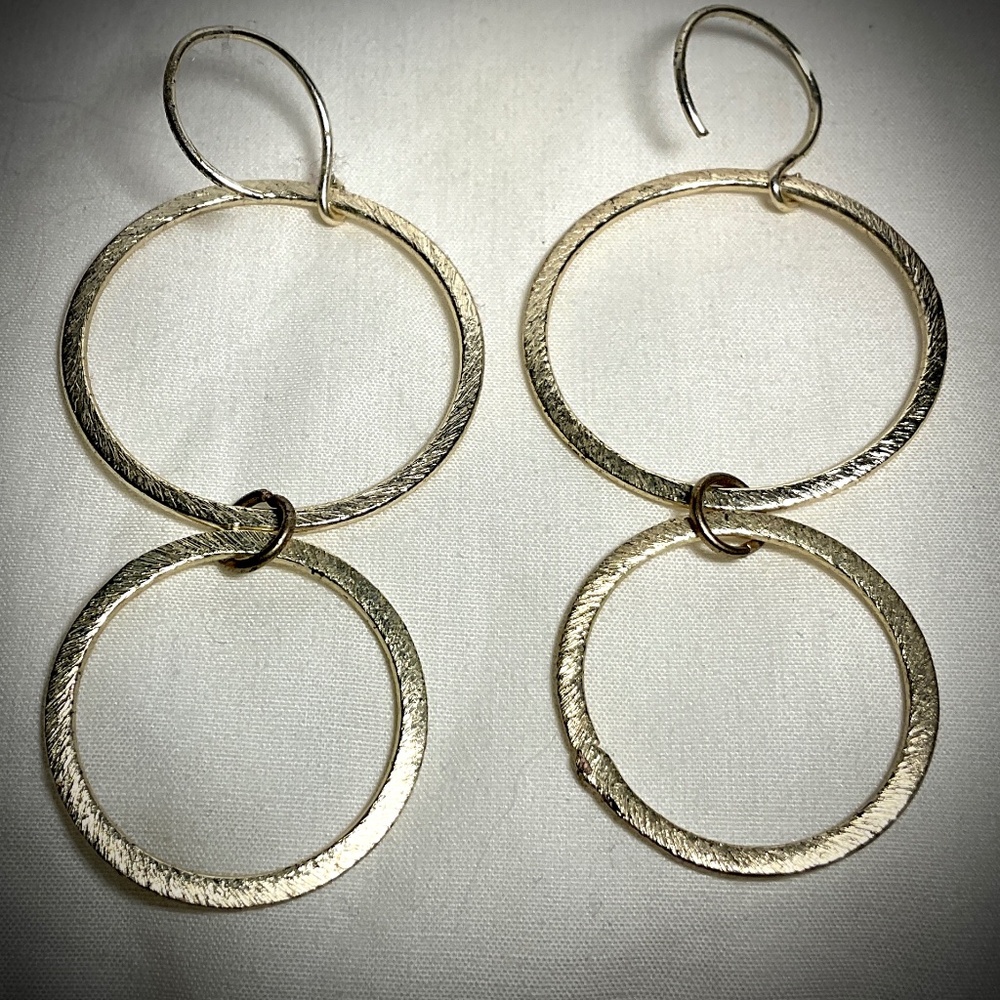 Handmade Double Round Hoop Dangling Earrings Large & Small Brushed Gold Finish